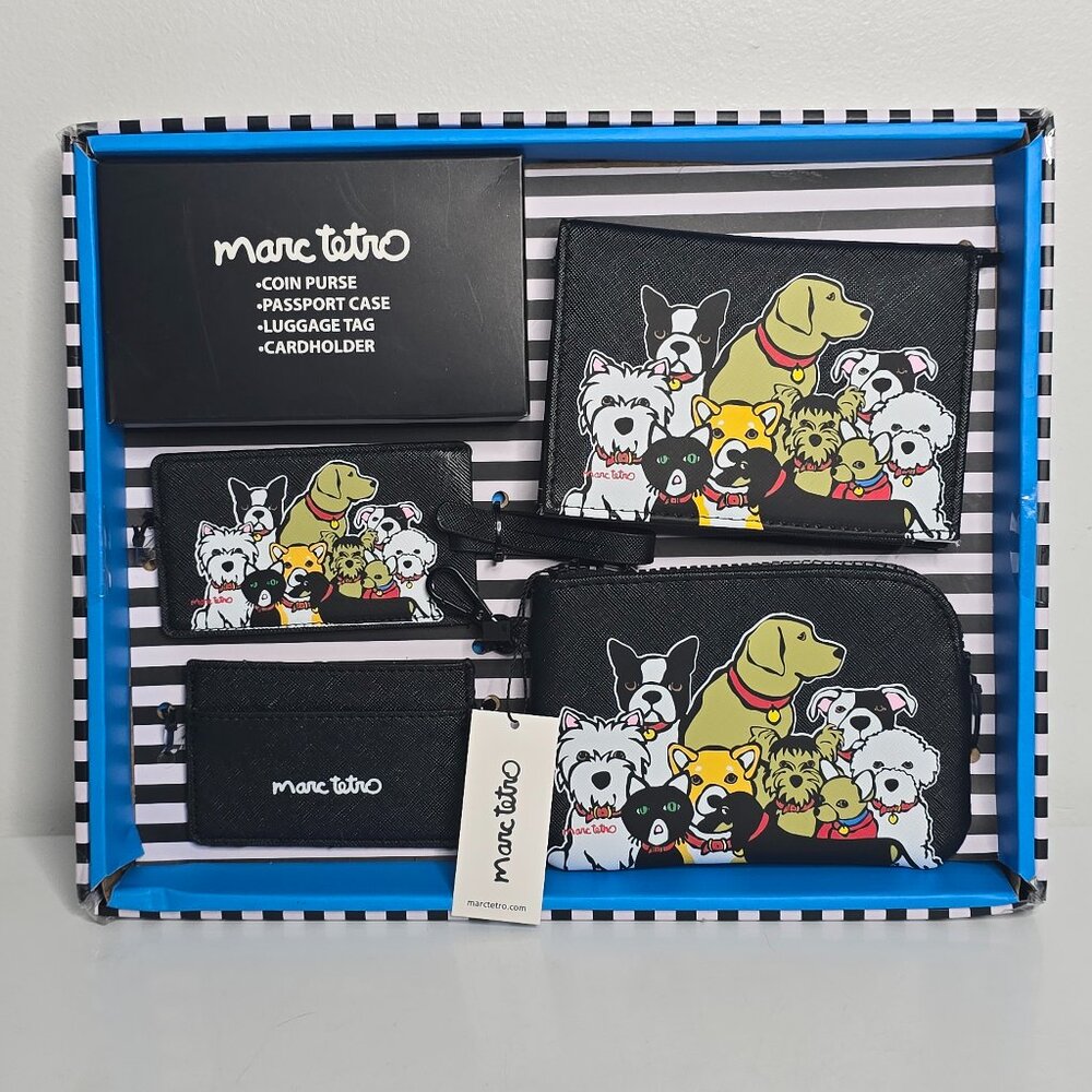 Marc Tetro Dog Family 4 Pc Set Coin Purse Passport Holder Luggage Tag Cardholder